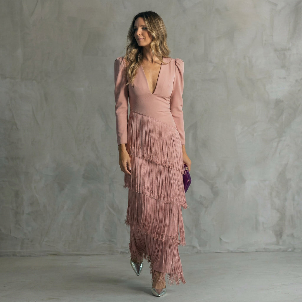 Gabriela - Vestido Longo de Franjas com Decote em V